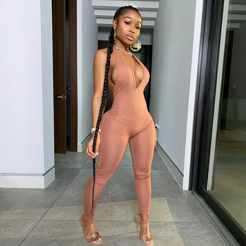 Halter V Neck Sleeveless Bodycon Jumpsuit for Women