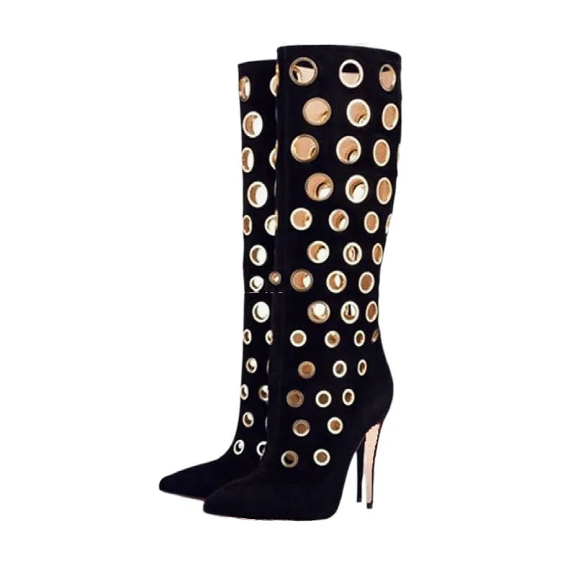 Suede Knee High with Metal Hollow Detailing Boots for Women