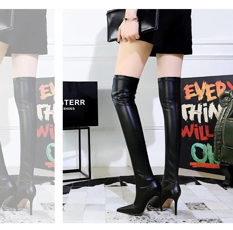 Black Leather Stiletto Over The Knee Boots for Women