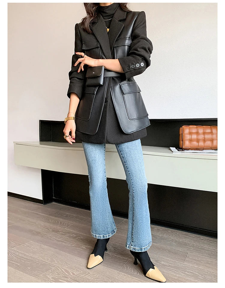 Black Patchwork Faux Leather Jacket With Pockets For Women