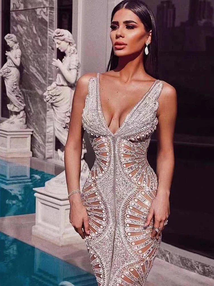 Sequined Ruffle Maxi Slip Dress with V Neck for Women