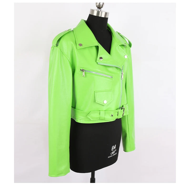 Faux Leather Short Biker Jacket with Zipper and Epaulets for Women