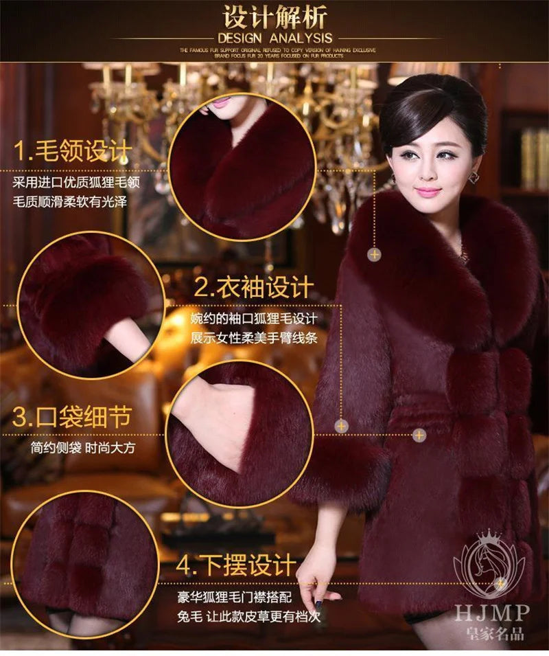 Vintage 2024 New Autumn Winter Female Mid-Long Fleece Overcoat Faux Fur Fox Fur Collar Mink Fur Coat Thicken Elegant 408