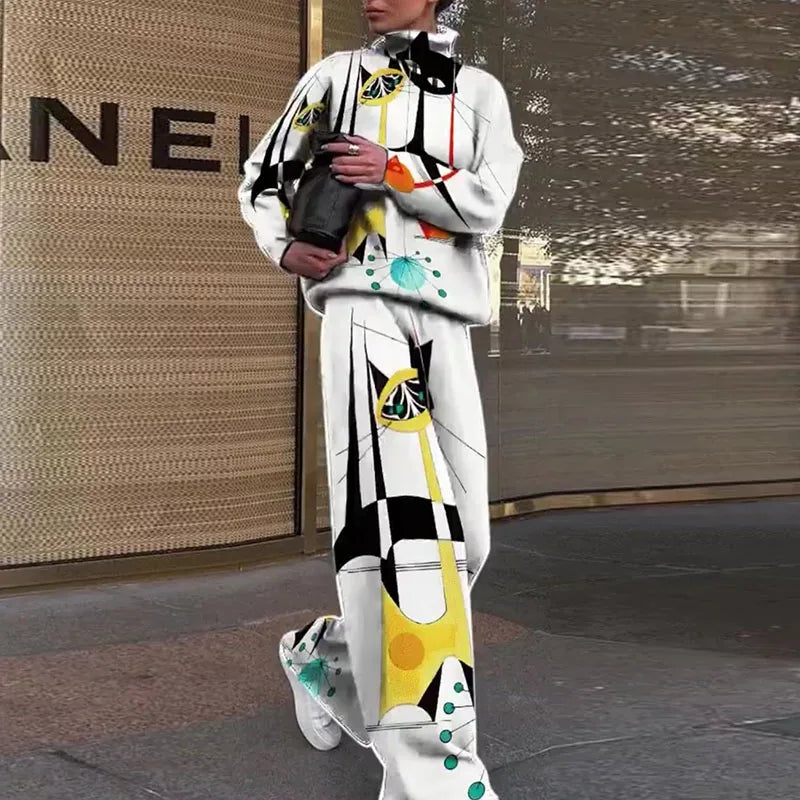 Women Casual Loose Printing Elastic Waist Suits Turtleneck Wide Leg Pants Ladies Outfit Patchwork Sportswear Loungewear Set