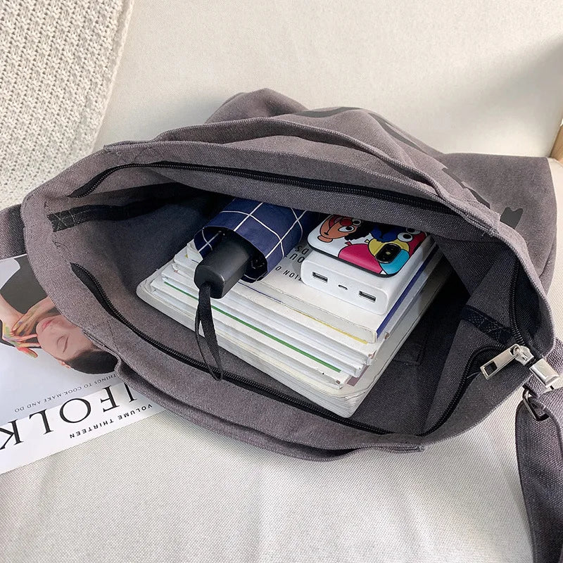 Fashion Letters Printing INS Class Shoulder Bags Large Capacity Canvas Handbags Zipper Closure Book Bag