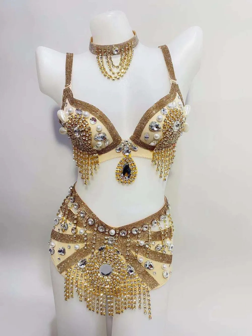 Gold Rhinestone Belly Dance Bikini Costume for Women
