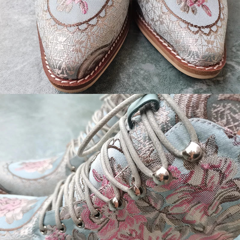 Blue Embroidered Flower Chinese Style Ankle Boots For Women