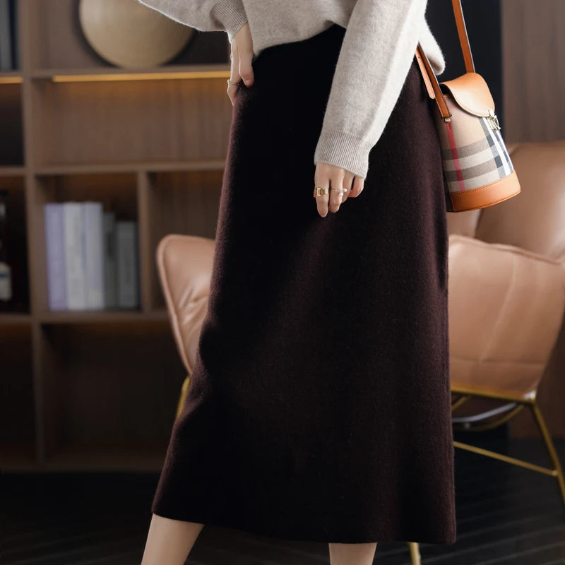 Pure Wool High Waist Knit A-Line Midi Skirt for Women