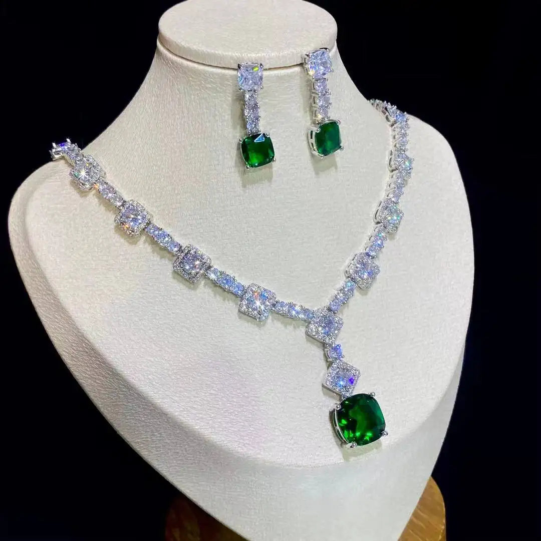 Square Rhinestone Bright Yellow Green Drop Earring Necklace Set For Women