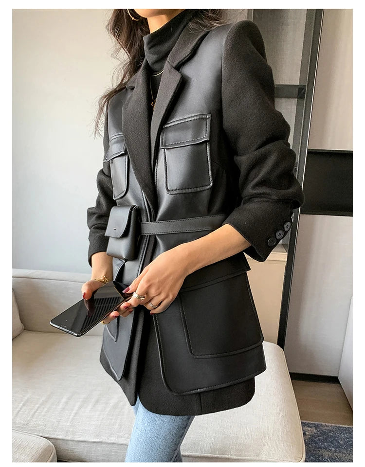 Black Patchwork Faux Leather Jacket With Pockets For Women