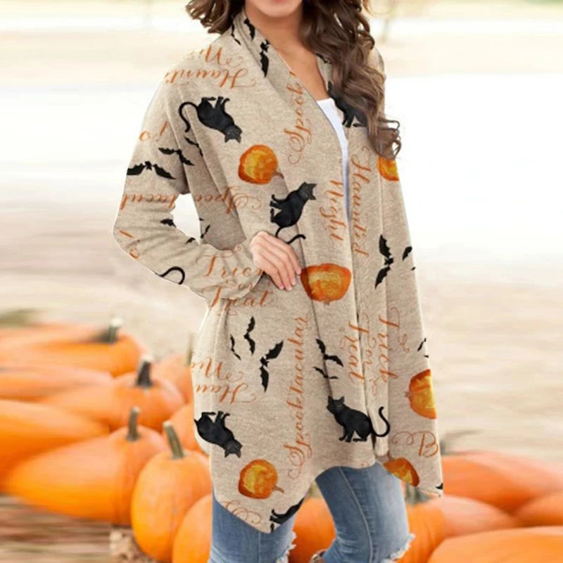 Skull Pumpkin Print Open Front Long Cardigan for Women