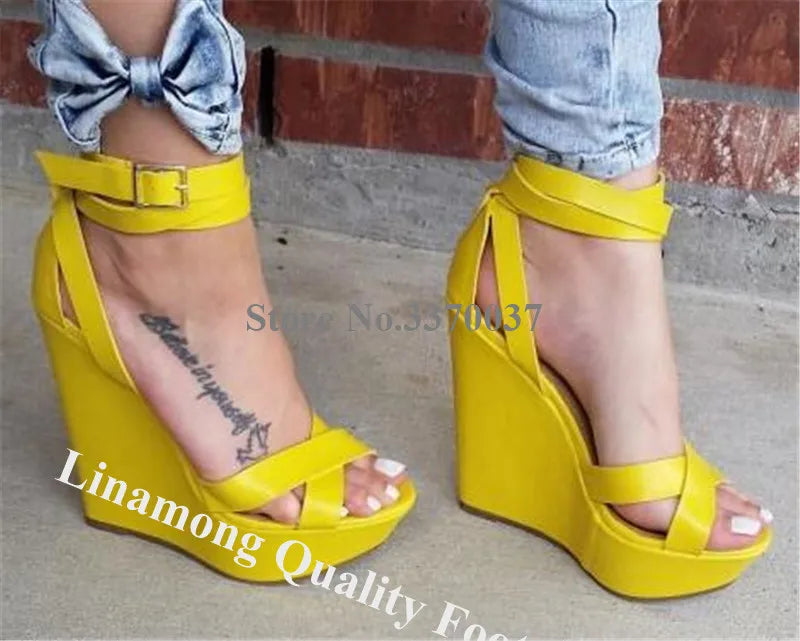 Yellow Buckle Platform Wedge Sandals