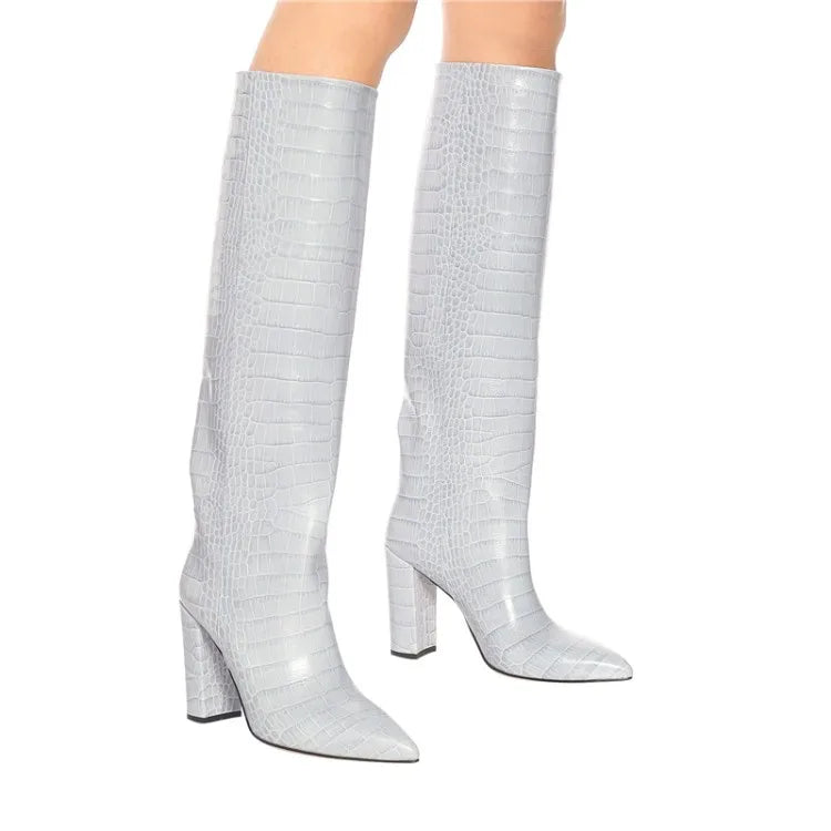 Pointed Toe Slip On Leather Knee High Boots for Women