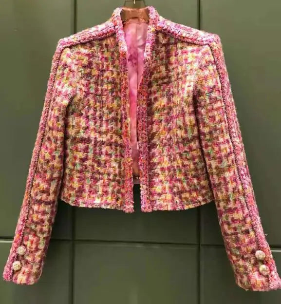 Pink O-Neck Cotton Single Breasted Jacket With Buttons And Rivets For Women