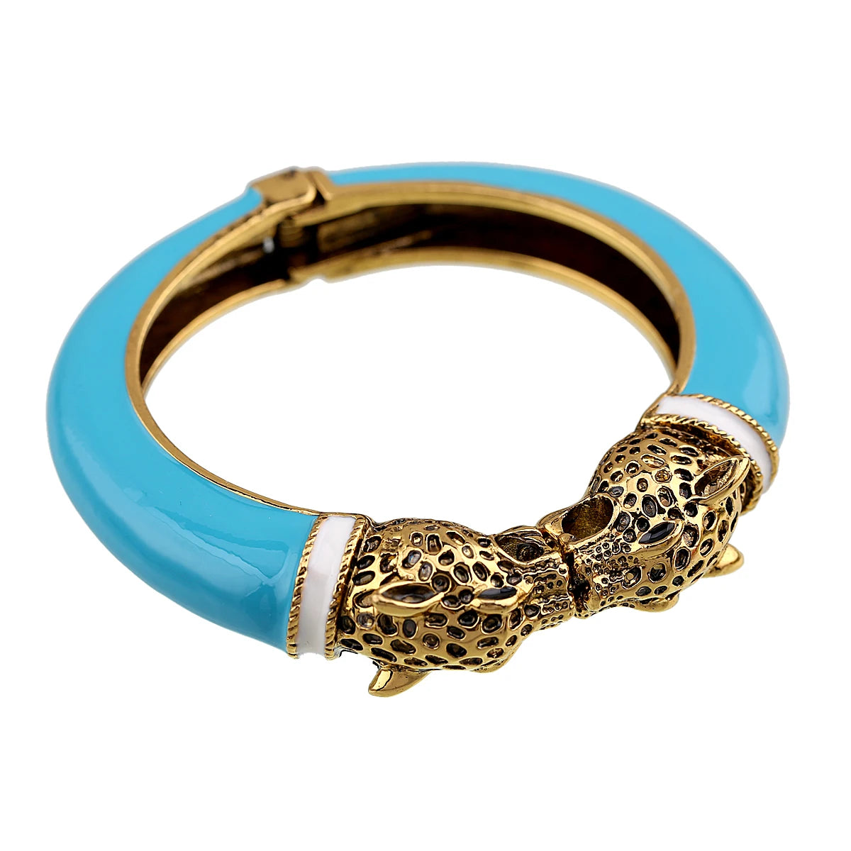 Double Leopard Head Enamel Cuff Bracelet for Women