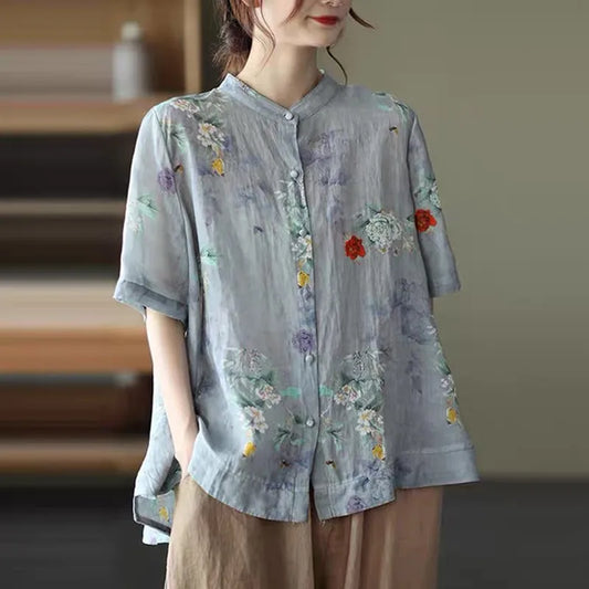 Cotton Linen Floral Print Shirt