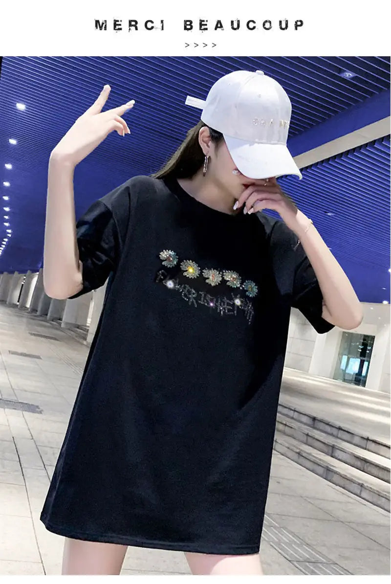 Fashion Women's T-shirt For Summer Short Sleeve Pulovers Midi Loose Clothes Casual Graphic Aesthetic Cotton Tops Korean T Shirt