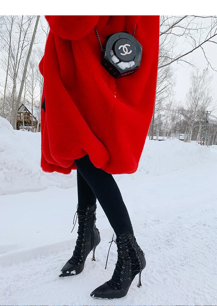 Soft Warm Fluffy Oversized Red Raglan Long Faux Fur Coat for Women