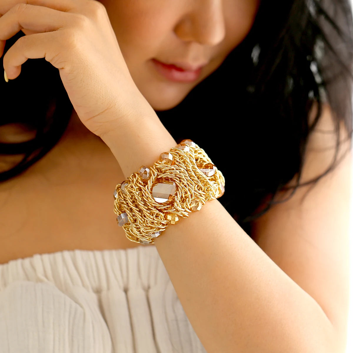 Beaded Crystal Statement Elastic Bracelet for Women