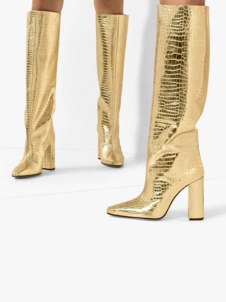 Pointed Toe Slip On Leather Knee High Boots for Women