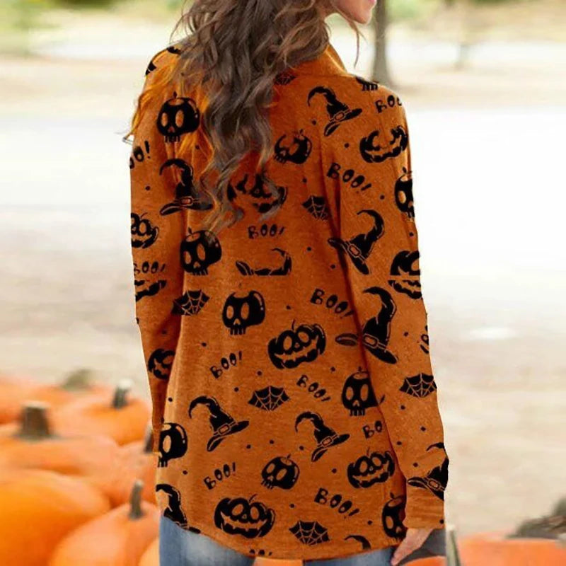 Skull Pumpkin Print Open Front Long Cardigan for Women