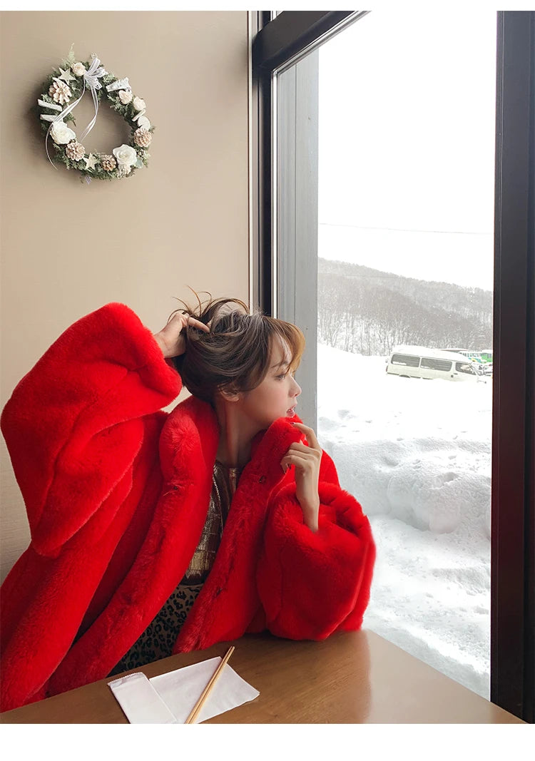 Soft Warm Fluffy Oversized Red Raglan Long Faux Fur Coat for Women