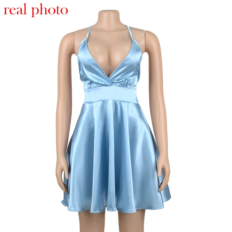 Cryptographic Satin Sexy Backless Sleeveless Party Night Club Wrap Mini Dresses Spaghetti Straps Elegant Dress Solid Vestidos