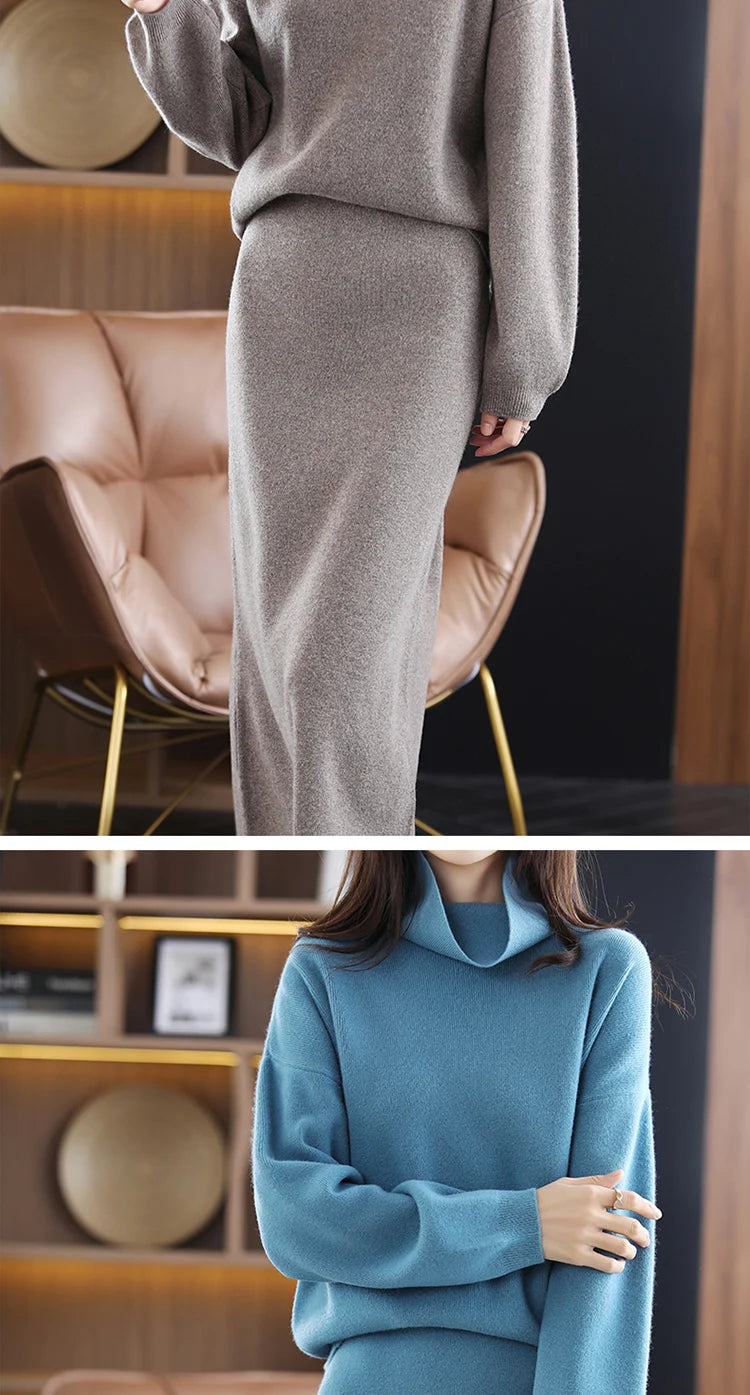 Wool Cashmere Knit Sweater and Skirt Two Piece Set for Women