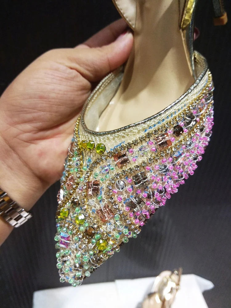 Elegant Sparkling Beaded Ankle Strap High Heel Wedding Pumps for Women