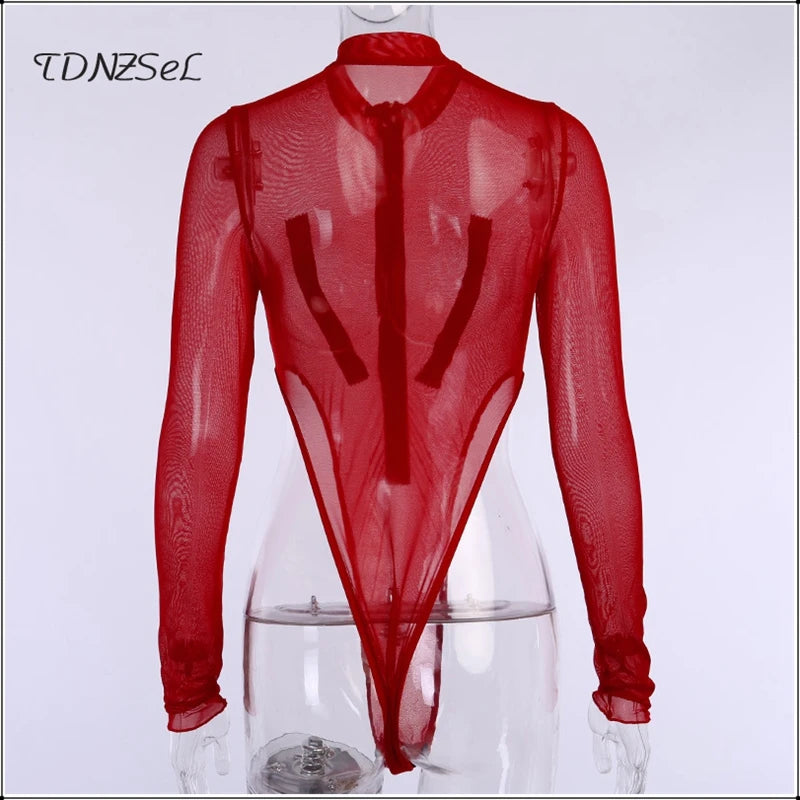 Long Sleeve Sheer Mesh Bodysuit With Pockets For Women