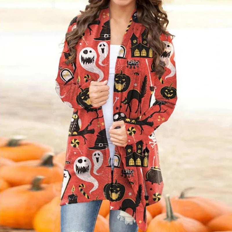 Skull Pumpkin Print Open Front Long Cardigan for Women