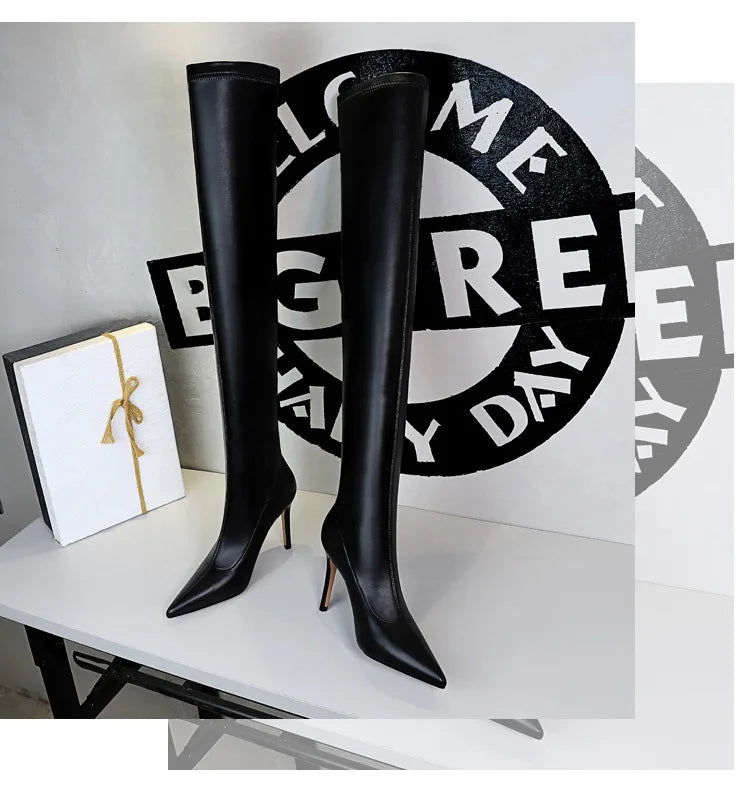Black Leather Stiletto Over The Knee Boots for Women