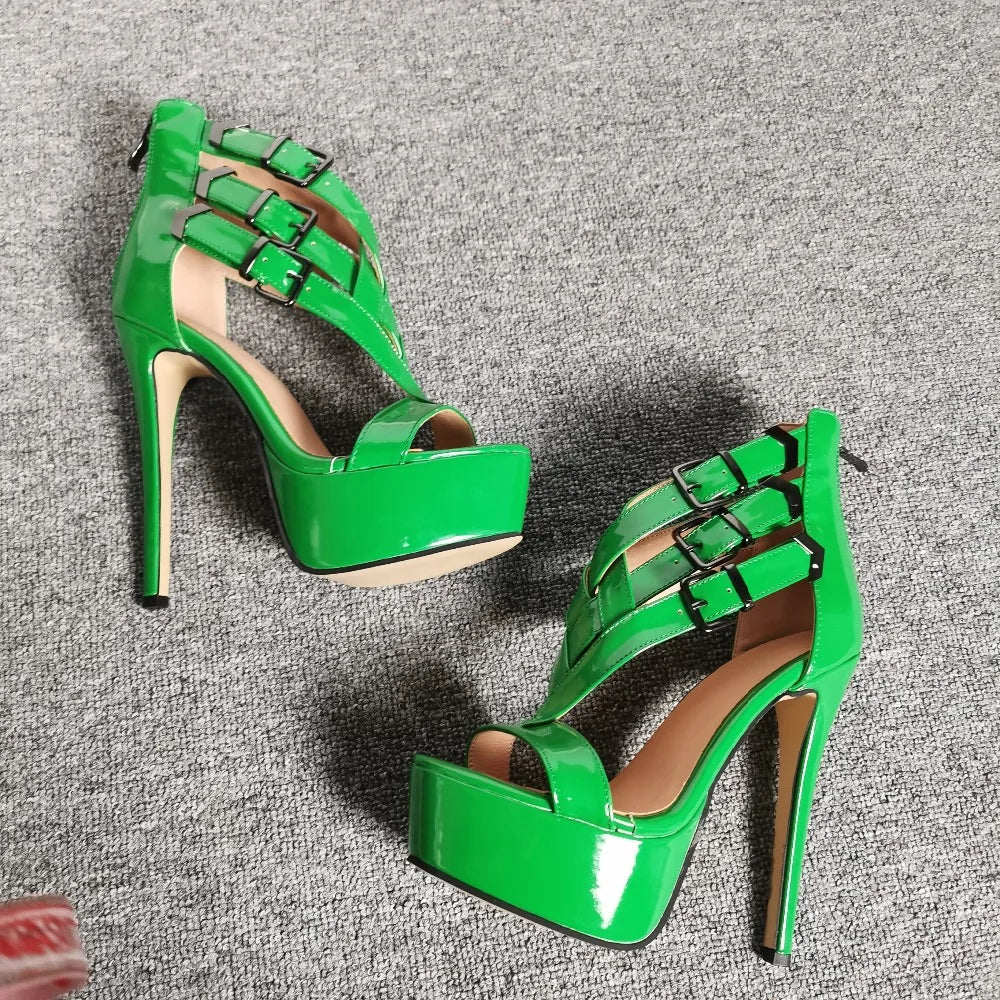 Green Patent Leather High Heel Strappy Sandals With Buckle for Women