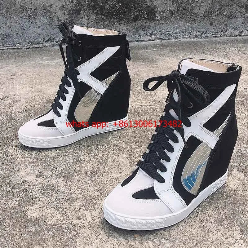 White And Black Inner Wedge Lace Up High Top Sneakers For Women