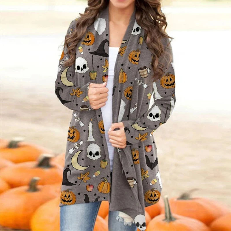 Skull Pumpkin Print Open Front Long Cardigan for Women