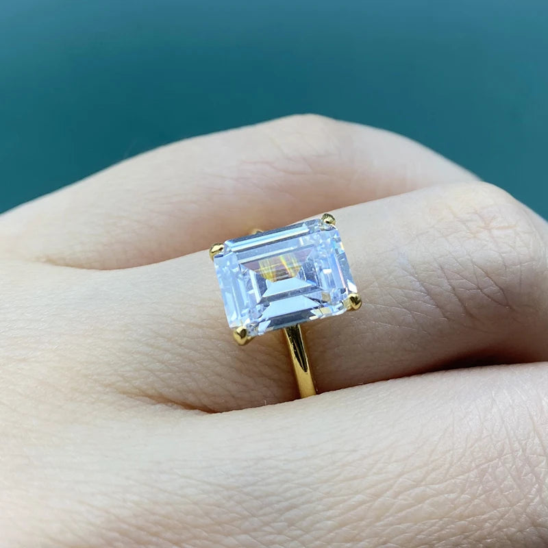 PANSYSEN White/Yellow/Rose Gold Color Luxury 8x10MM Emerald Cut AAA Zircon Rings for Women 100% 925 Sterling Silver Fine Jewelry