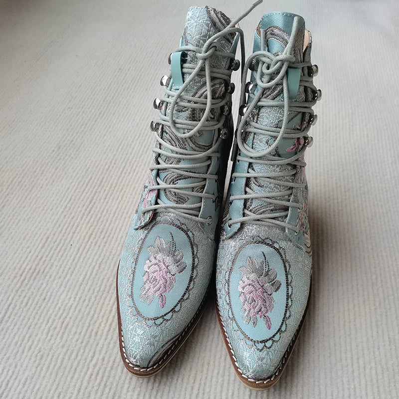 Blue Embroidered Floral Plus Size Ankle Boots for Women