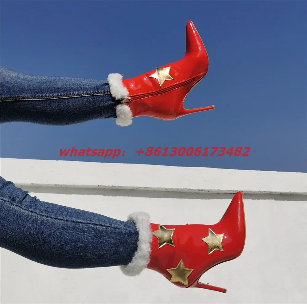 Woman Christmas Golden Star Patent Leather Pointed Toe High Heel Boots Plus Size 47 Woman Red Christmas High Heel Ankle Boots