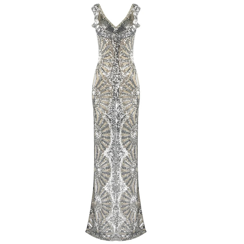 Sequined Ruffle Maxi Slip Dress with V Neck for Women