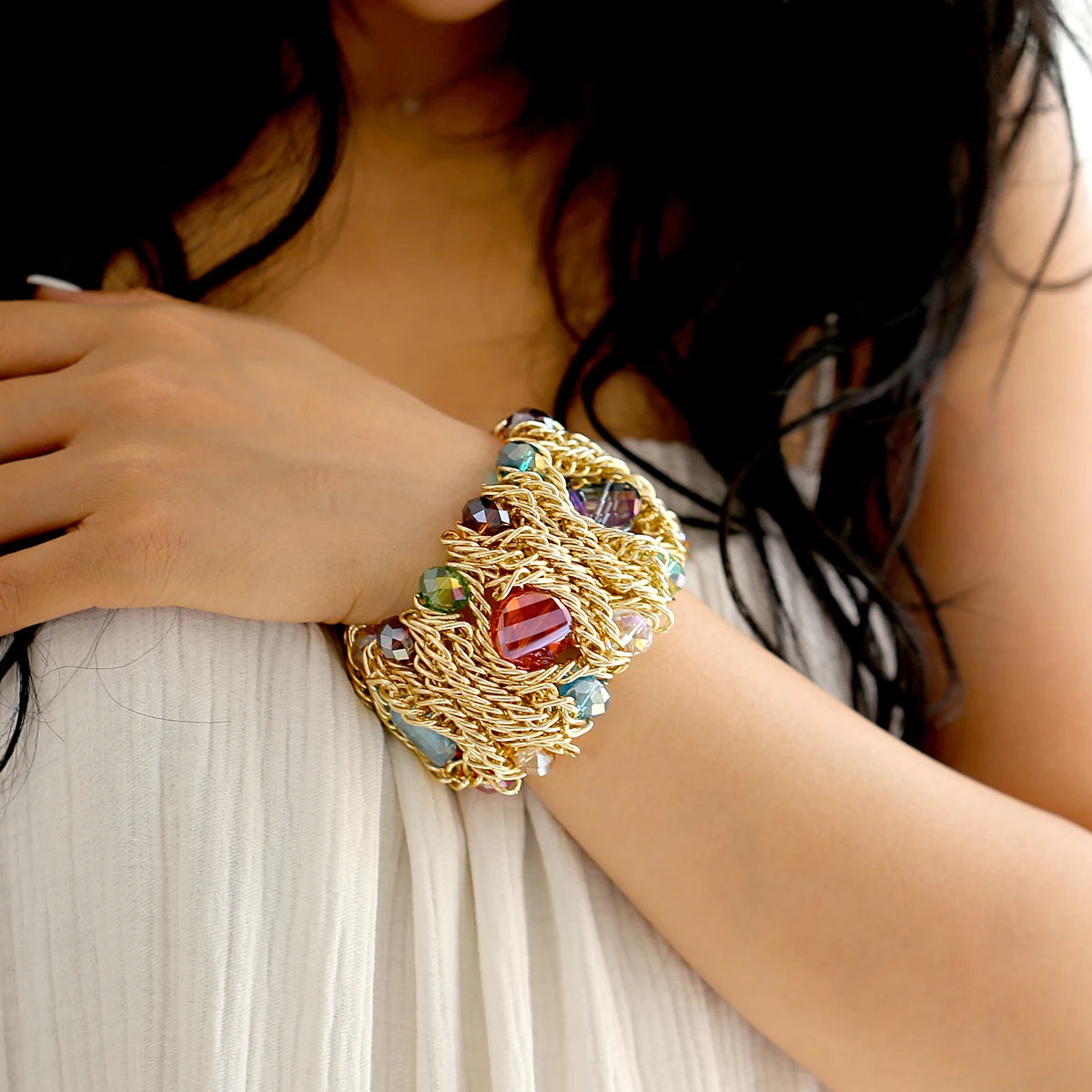 Beaded Crystal Statement Elastic Bracelet for Women