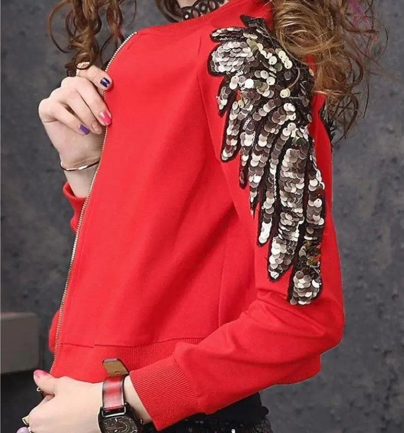 Red Sequined Beaded Elastic Lightweight Short Jacket for Women