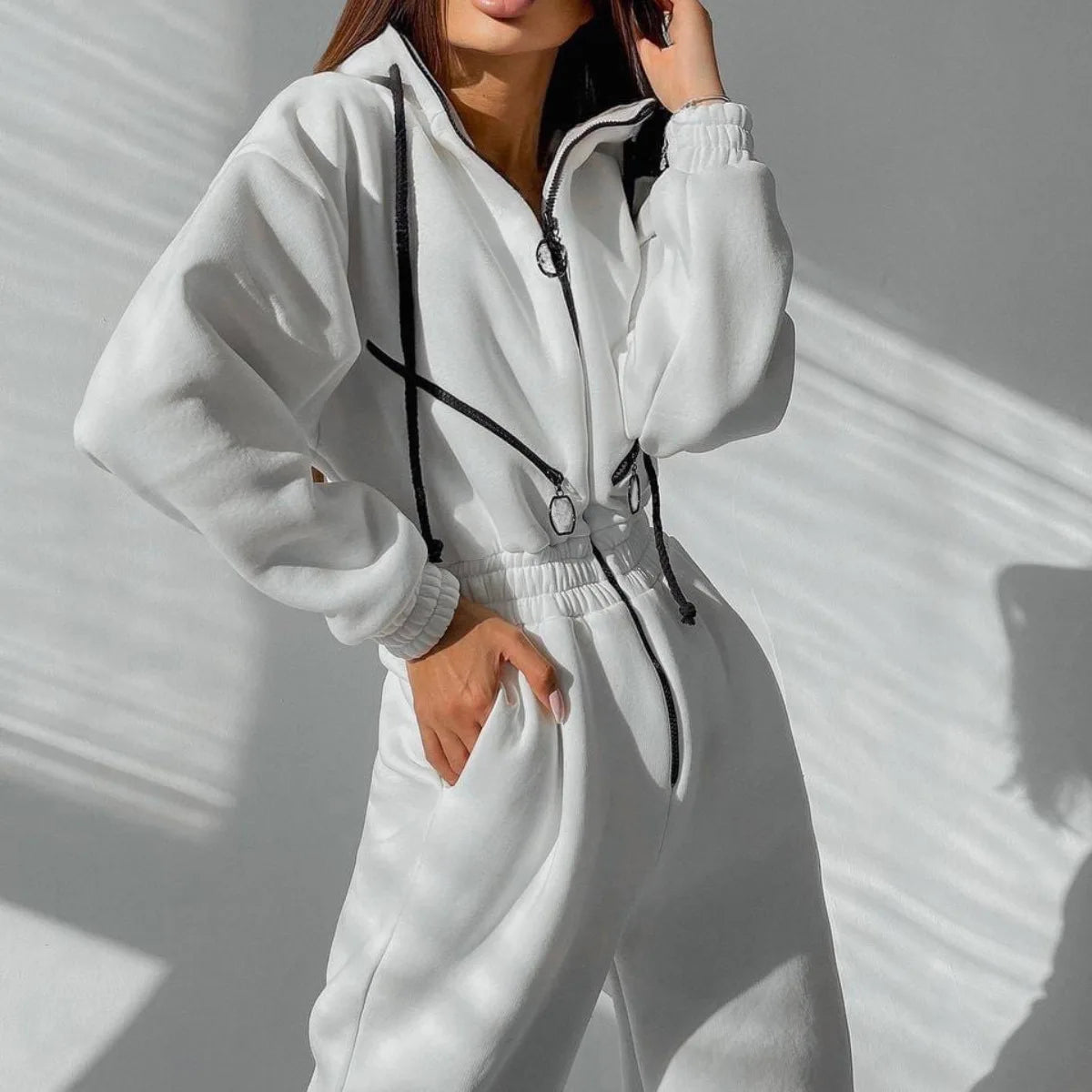 Casual Long Sleeve Hooded Jumpsuit With Pockets for Women