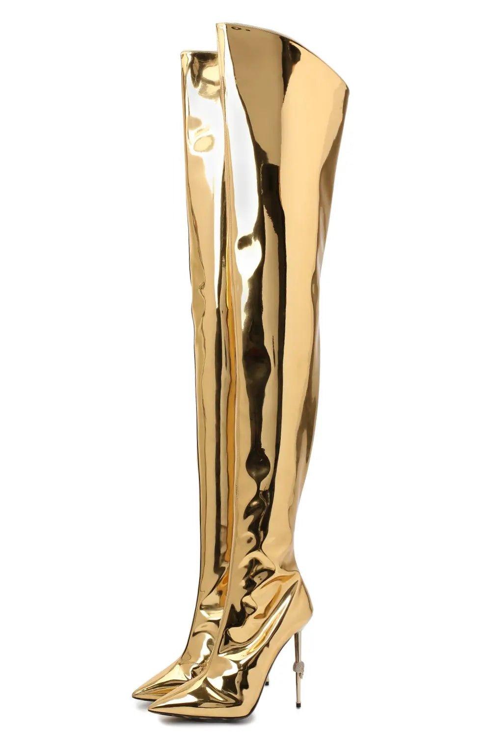 Gold Patent leather Over The knee Boots Sexy Metal Heel Stiletto  Women Thigh High Crotch Boots Pointed Toe High Heel Shoe 35-44