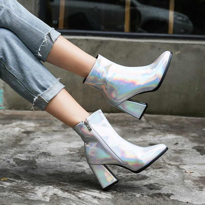 Metallic Silver Pointed Ankle Boots