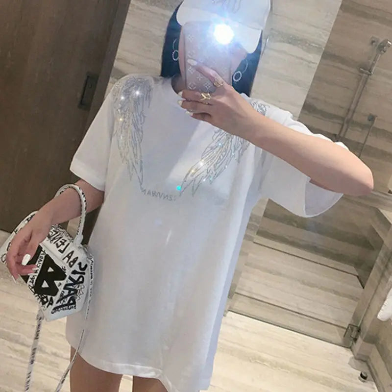 Fashion Women's T-shirt For Summer Short Sleeve Pulovers Midi Loose Clothes Casual Graphic Aesthetic Cotton Tops Korean T Shirt
