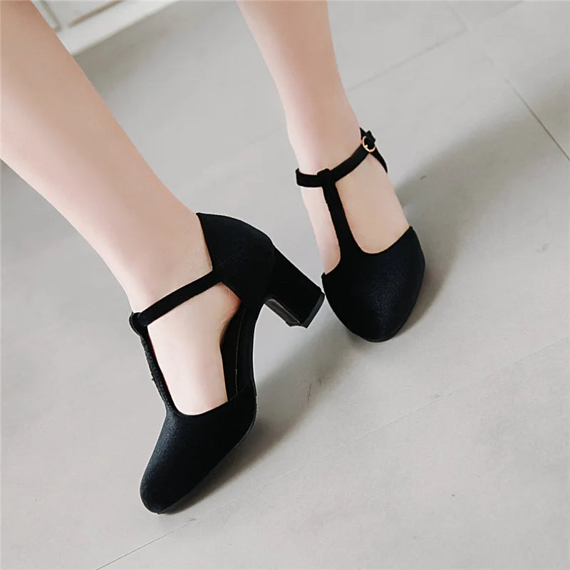 Velvet T Strap Square Heel Mary Janes