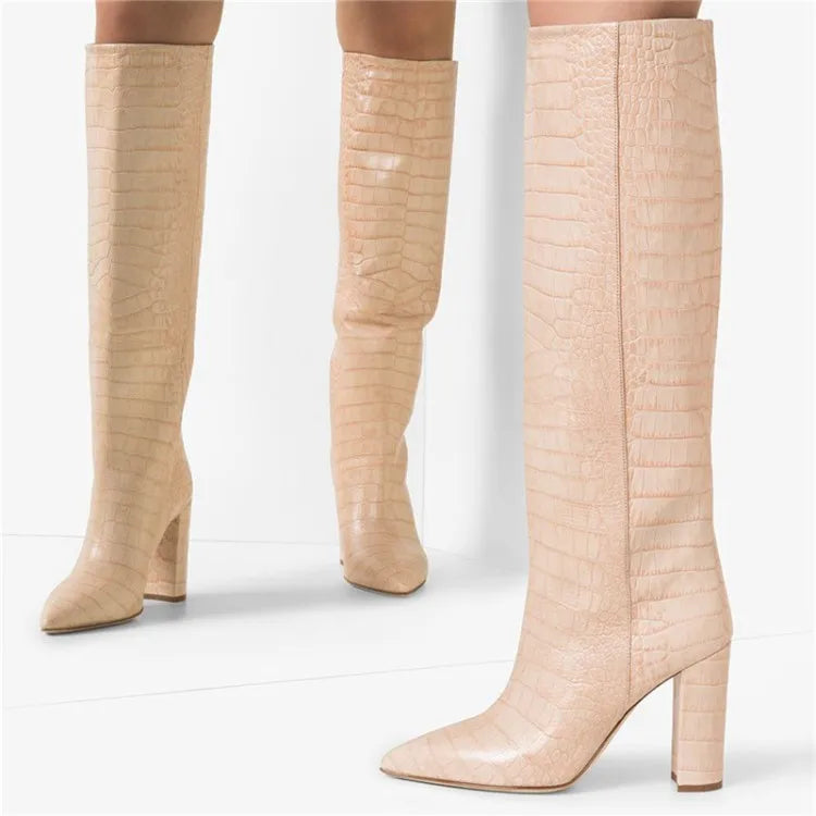 Pointed Toe Slip On Leather Knee High Boots for Women