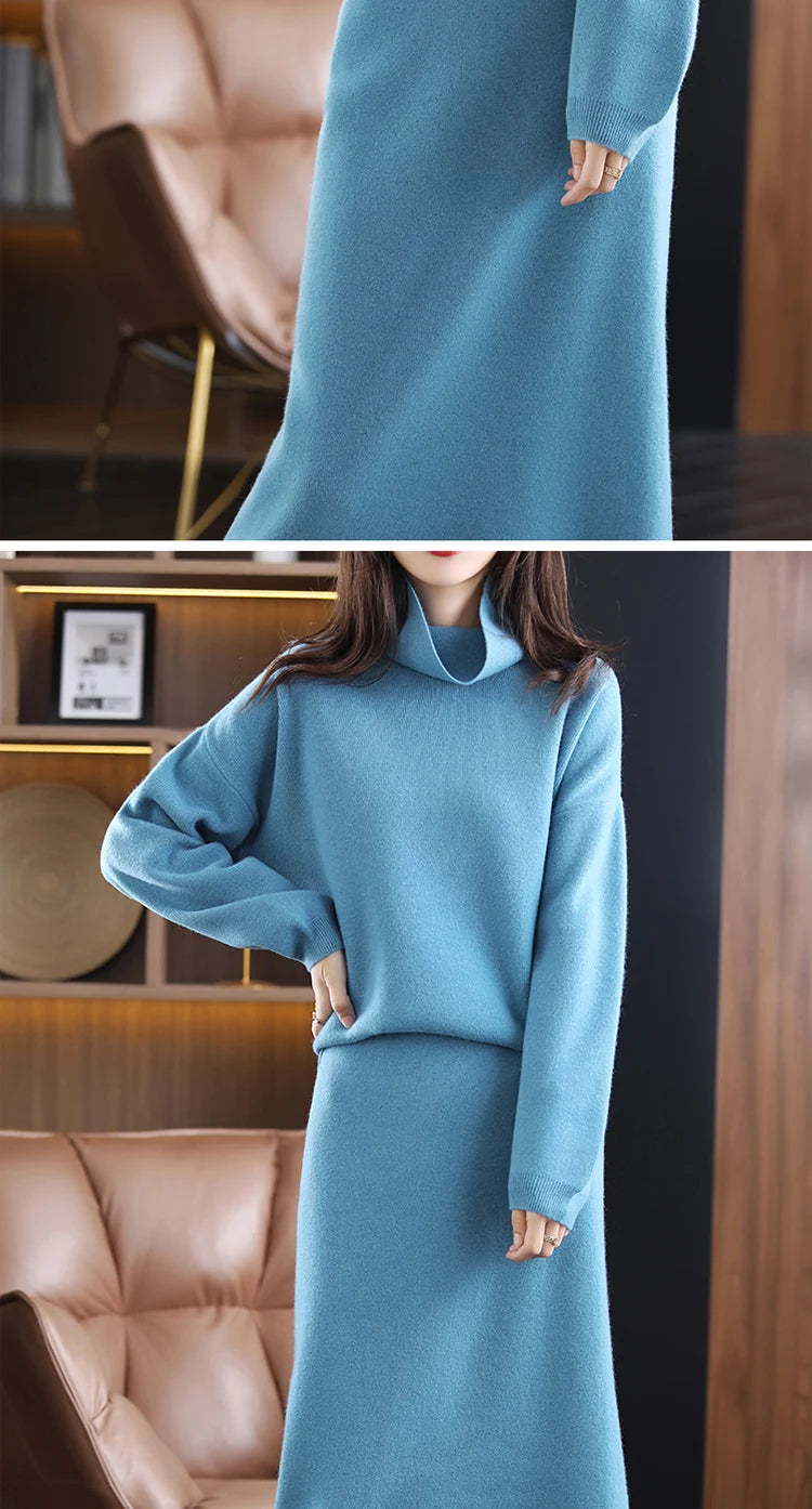 Wool Cashmere Knit Sweater and Skirt Two Piece Set for Women