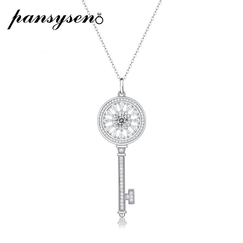 PANSYSEN Classic Key Shape 100% 925 Sterling Silver 0.5ct Real Moissanite Necklace Girls Wedding Engagement Party Gift Wholesale