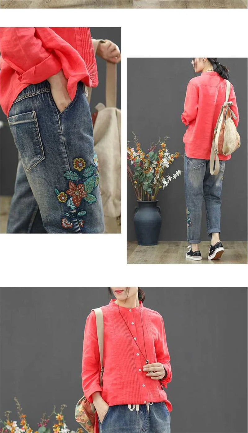 Jeans Woman High Waist Spring Summer Retro Embroidery Denim Trousers Ladies Elastic Waist Harem Pants Loose Jean Femme Pant 124